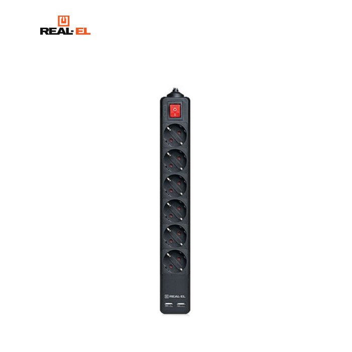 Сетевой фильтр питания REAL-EL REAL-EL RS-6 PROTECT USB, 5m, black (EL122300018)