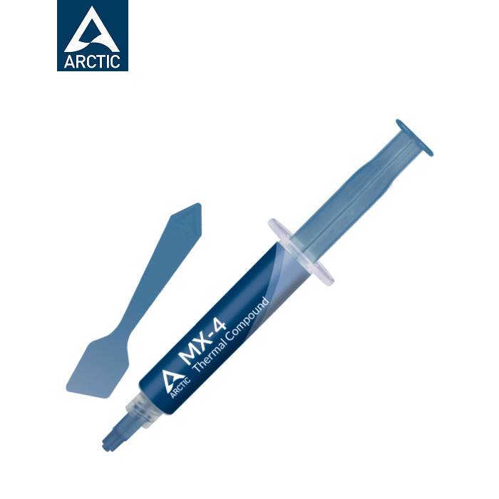 Термопаста Arctic Cooling MX-4 з лопаткою. Об'єм шприца - 8г, теплопровідністю 8.5 Вт/(м*К) та щільністю 2.5 г/куб.см. Термопаста не проводить струм, тому спричинити короткі замикання вона не зможе ACTCP00059A