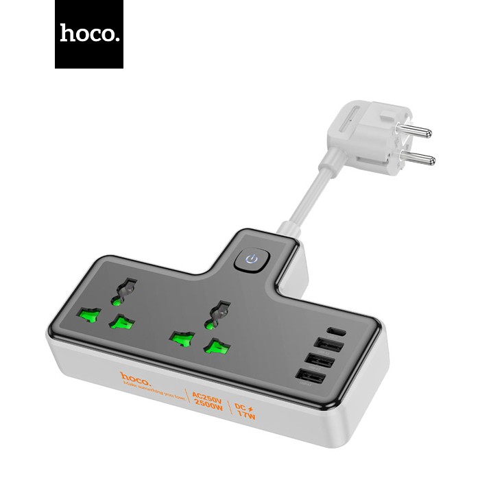 Мережевий фільтр HOCO AC11A на 2 розетки + 3 USB + USB-C, 17W, кабель 1,5 м, 220В, Black, Box