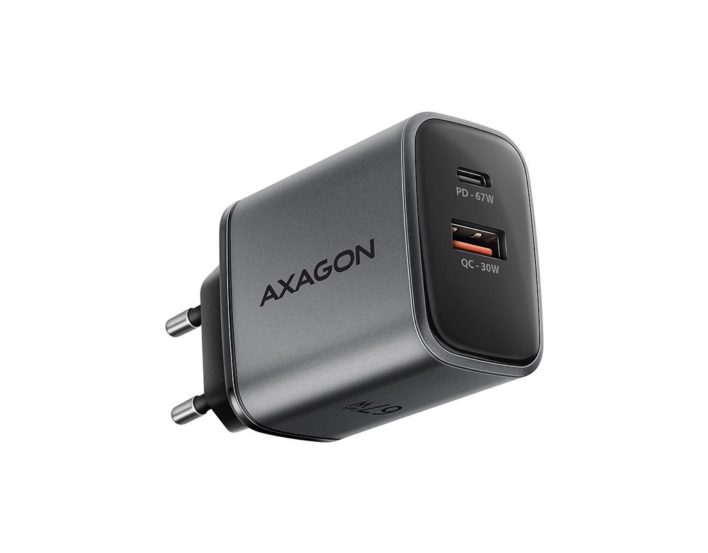 Зарядное устройство AXAGON 1xUSB-C PD67W + 1xUSB QC4+ PPS gray (ACU-PQ67)