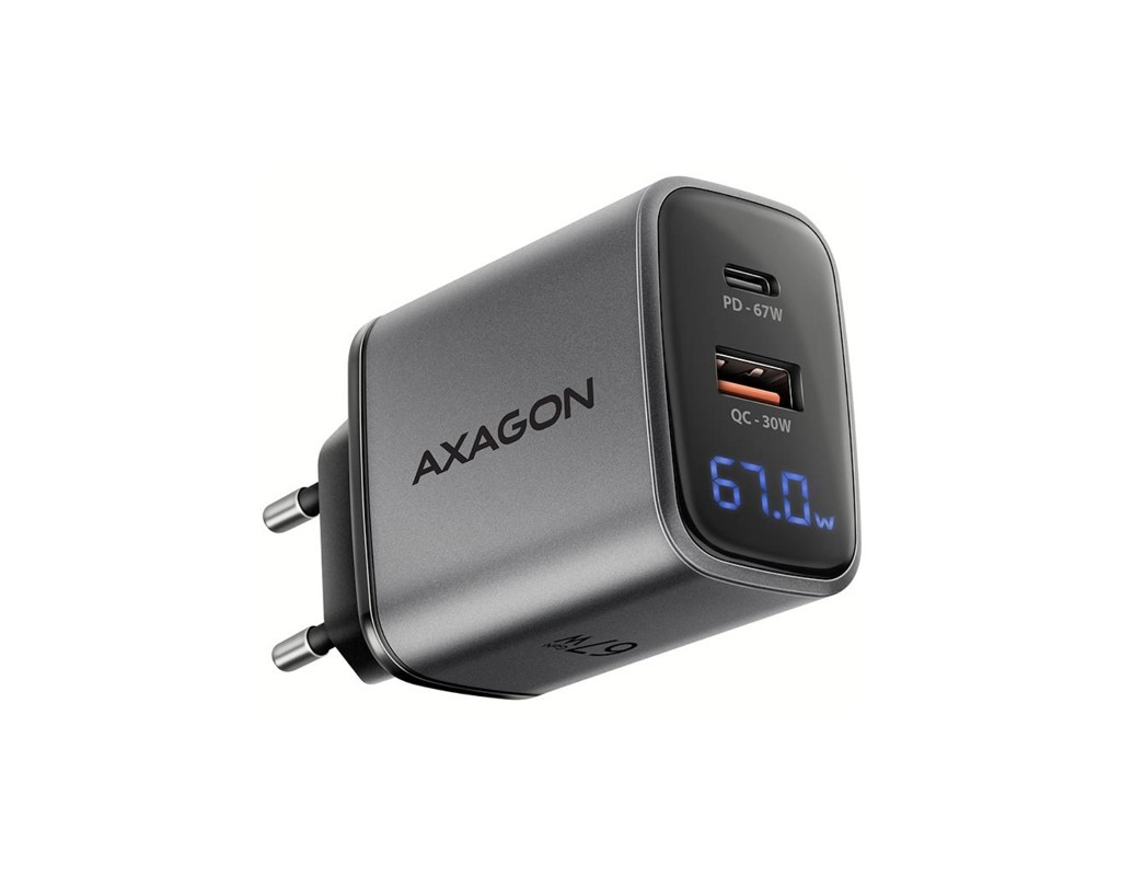 Зарядний пристрій AXAGON 1xUSB-C PD67W + 1xUSB QC4+ PPS display gray (ACU-PQ67D)