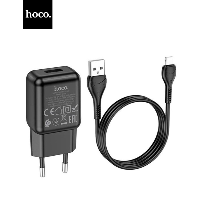 Набір СЗУ 110-240V HOCO C96A+ кабель Lighting, 1xUSB, 2.1A, кабель 1м, Black, Blister