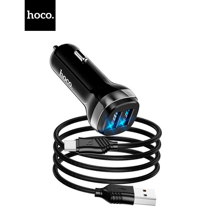 Набір АЗУ 12-24V HOCO Z40+ кабель Type-C, 2xUSB, 2.4A, кабель 1м, Black, Box