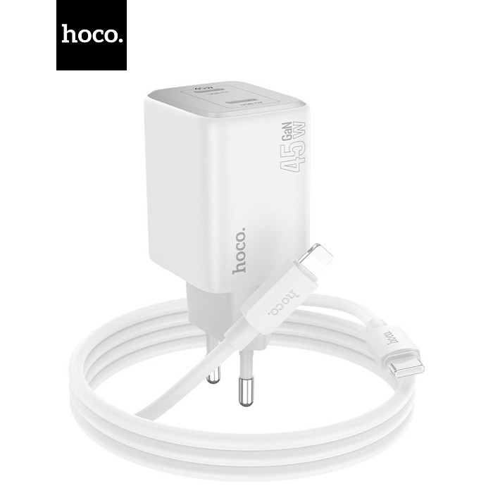 Набір СЗУ HOCO N42 + кабель Lighting, 2xUSB-C, PD45W, кабель 1м, White, Box