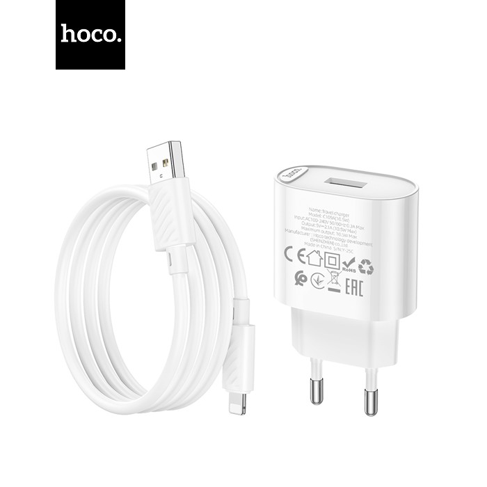 Набір СЗУ 110-240V HOCO C109A 1xUSB+ кабель Lighting, 2.1A, кабель 1м, White, Bliste