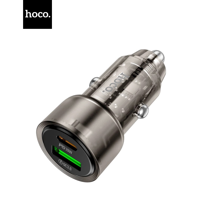 Зарядний пристрій HOCO 1xUSB-C PD38W + 1xUSB car adapter transparent Z52 black (6942007601740)