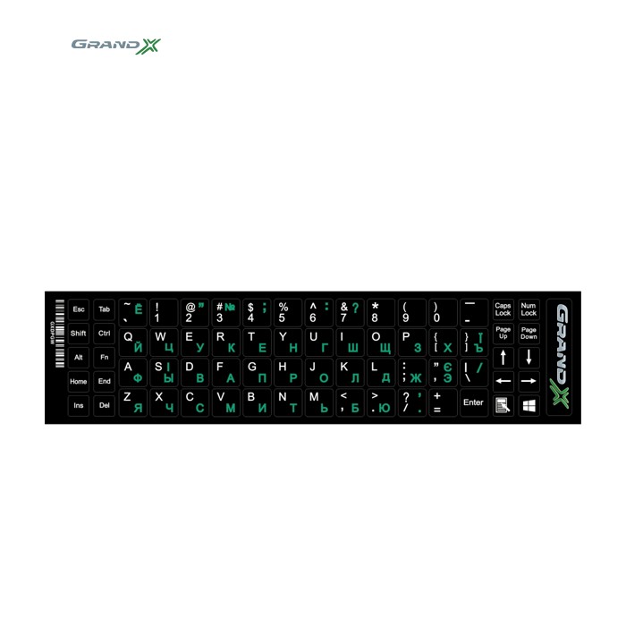 Наклейка на клавіатуру Grand-X 68 keys Cyrillic green, Latin white (GXDPGW)
