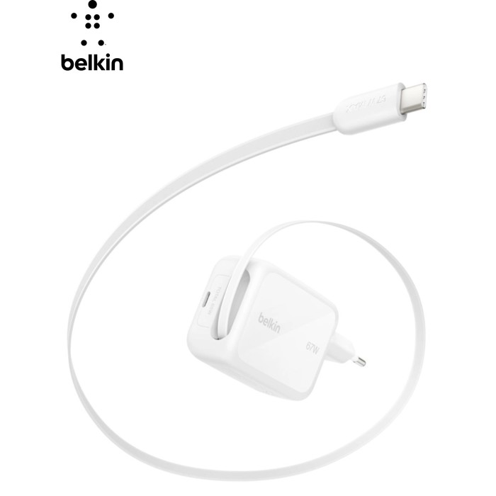 Зарядное устройство Belkin 2xUSB-C 67W GaN PD3.2 PPS + built-in cable USB-C 1.0m white (WCH022KQWH)