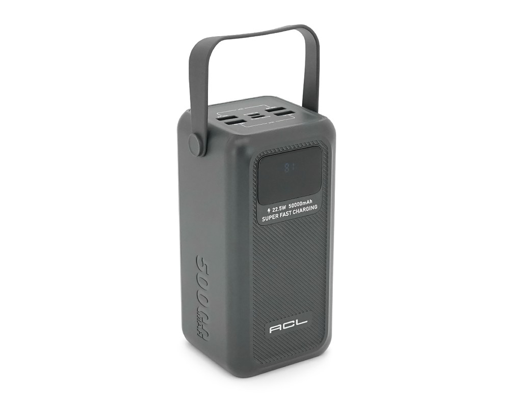 Powerbank ACL PW-131 50000mAh, 22.5W, 4xUSB, 4 кабелі (USB / Micro / Type-C / Lighting), Ліхтар, 1.08кг, Black, Box