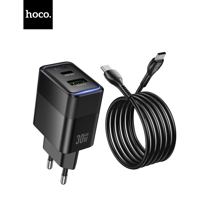 Набір СЗУ HOCO CS112A + кабель Type-C / Type-C 1xUSB+1xUSB-C, PD30W+QC3.0, кабель 1м, Black, Box